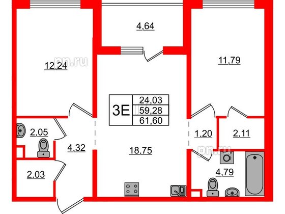 Квартира в ЖК ЛесArt, 2 комнатная, 61.6 м², 5 этаж