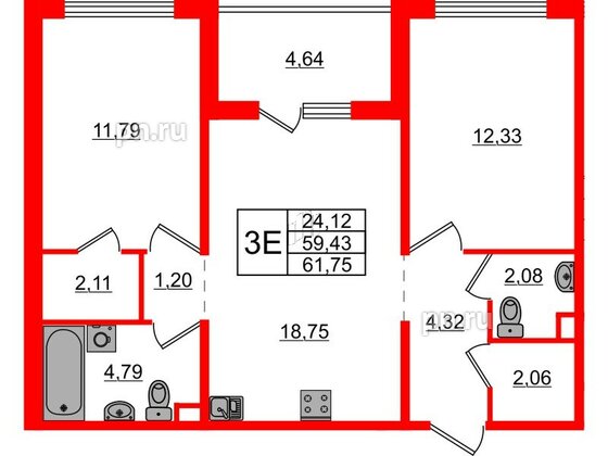 Квартира в ЖК ЛесArt, 2 комнатная, 61.75 м², 1 этаж