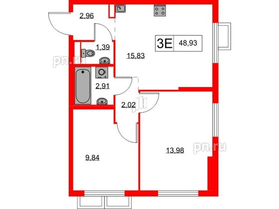 Квартира в ЖК Янинский Лес, 2 комнатная, 48.93 м², 2 этаж