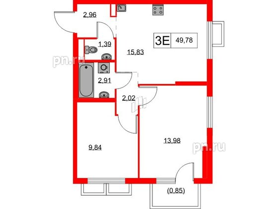 Квартира в ЖК Янинский Лес, 2 комнатная, 49.78 м², 3 этаж