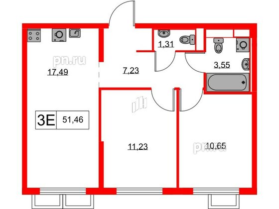 Квартира в ЖК Янинский Лес, 2 комнатная, 51.46 м², 2 этаж