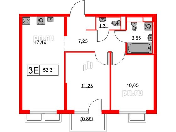 Квартира в ЖК Янинский Лес, 2 комнатная, 52.31 м², 11 этаж