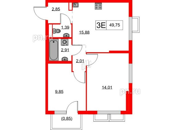 Квартира в ЖК Янинский Лес, 2 комнатная, 49.75 м², 3 этаж