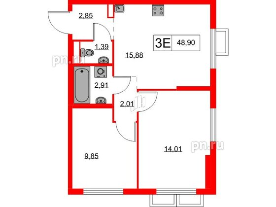 Квартира в ЖК Янинский Лес, 2 комнатная, 48.9 м², 5 этаж