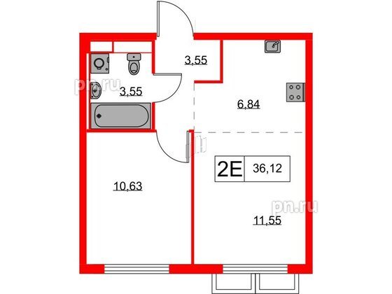 Квартира в ЖК Янинский Лес, 1 комнатная, 36.12 м², 6 этаж