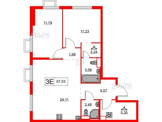 Квартира в ЖК Янинский Лес, 2 комнатная, 67.53 м², 6 этаж