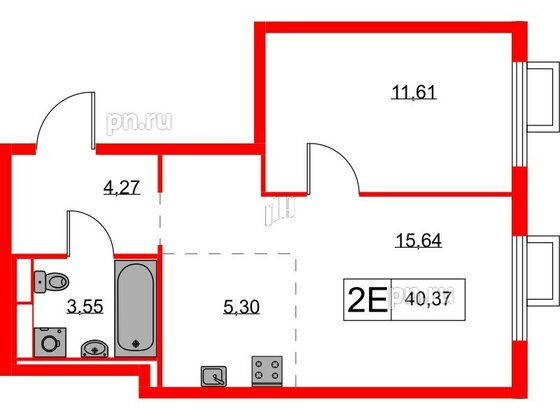 Квартира в ЖК Янинский Лес, 1 комнатная, 40.37 м², 2 этаж