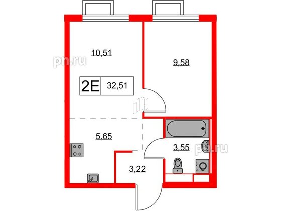 Квартира в ЖК Янинский Лес, 1 комнатная, 32.51 м², 6 этаж