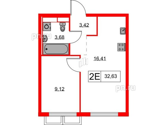 Квартира в ЖК Янинский Лес, 1 комнатная, 32.63 м², 4 этаж