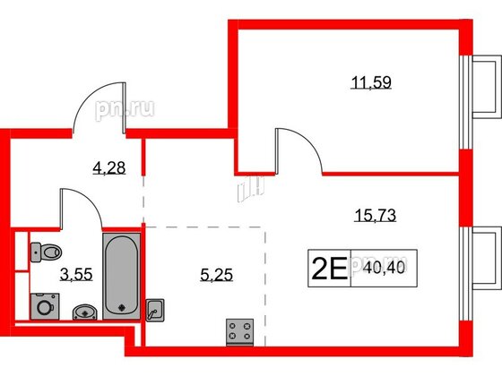 Квартира в ЖК Янинский Лес, 1 комнатная, 40.4 м², 3 этаж