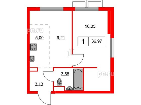 Квартира в ЖК Янинский Лес, 1 комнатная, 36.97 м², 2 этаж