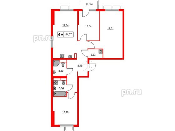 Квартира в ЖК Янинский Лес, 3 комнатная, 84.07 м², 5 этаж