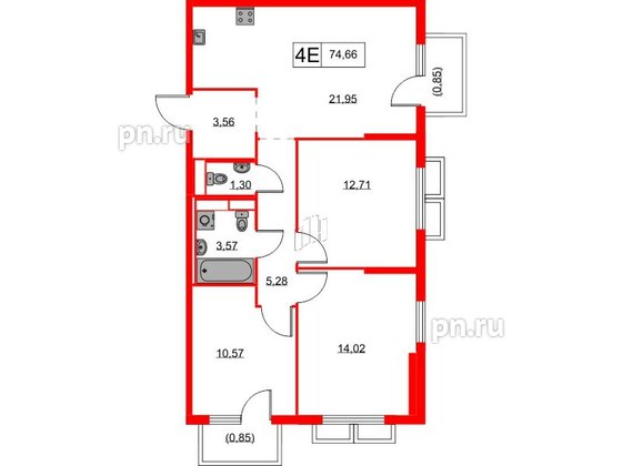 Квартира в ЖК Янинский Лес, 3 комнатная, 74.66 м², 3 этаж