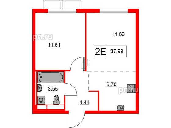 Квартира в ЖК Янинский Лес, 1 комнатная, 37.99 м², 2 этаж