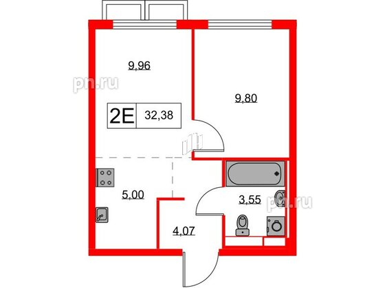 Квартира в ЖК Янинский Лес, 1 комнатная, 32.38 м², 4 этаж