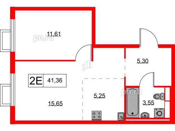 Квартира в ЖК Янинский Лес, 1 комнатная, 41.36 м², 2 этаж