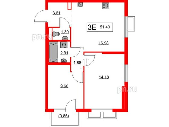 Квартира в ЖК Янинский Лес, 2 комнатная, 51.4 м², 5 этаж