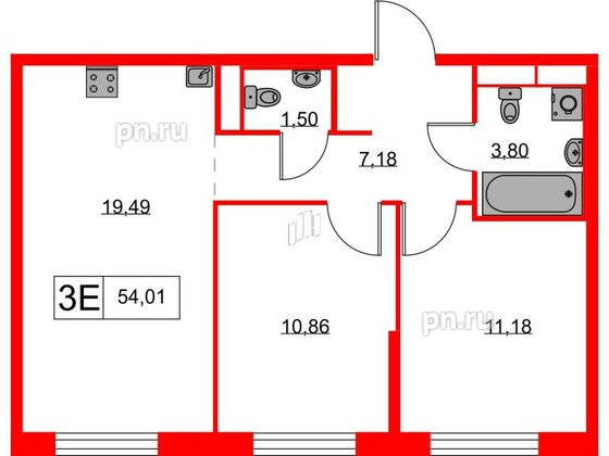 Квартира в ЖК Янинский Лес, 2 комнатная, 54.01 м², 1 этаж