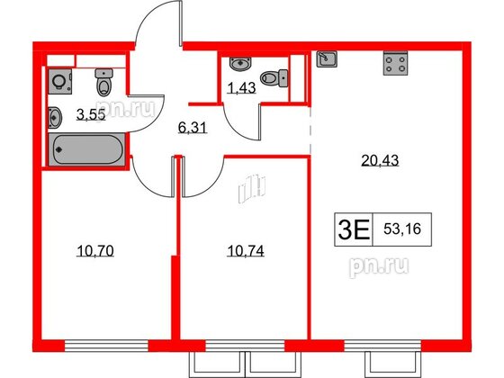 Квартира в ЖК Янинский Лес, 2 комнатная, 53.16 м², 4 этаж