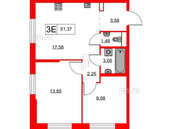 Квартира в ЖК Янинский Лес, 2 комнатная, 51.37 м², 1 этаж