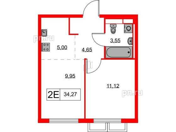 Квартира в ЖК Янинский Лес, 1 комнатная, 34.27 м², 2 этаж