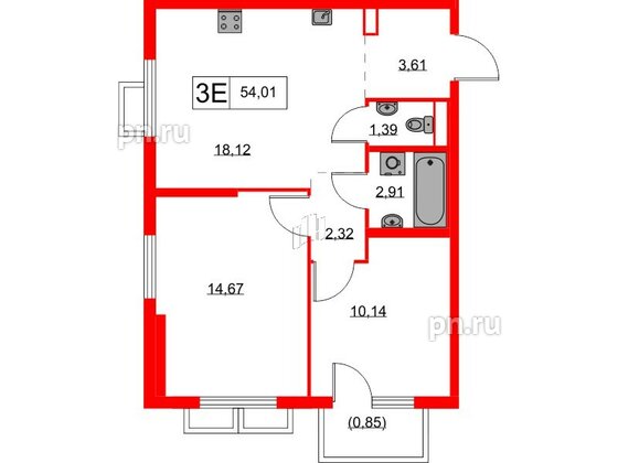 Квартира в ЖК Янинский Лес, 2 комнатная, 54.01 м², 5 этаж