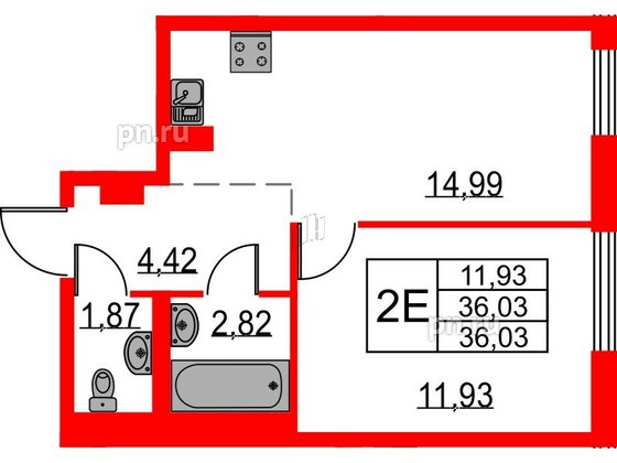 Квартира в ЖК Невская долина, 1 комнатная, 36.03 м², 1 этаж