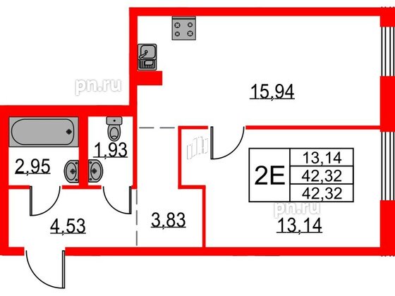 Квартира в ЖК Невская долина, 1 комнатная, 42.32 м², 2 этаж