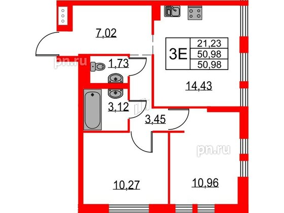 Квартира в ЖК Невская долина, 2 комнатная, 50.98 м², 1 этаж