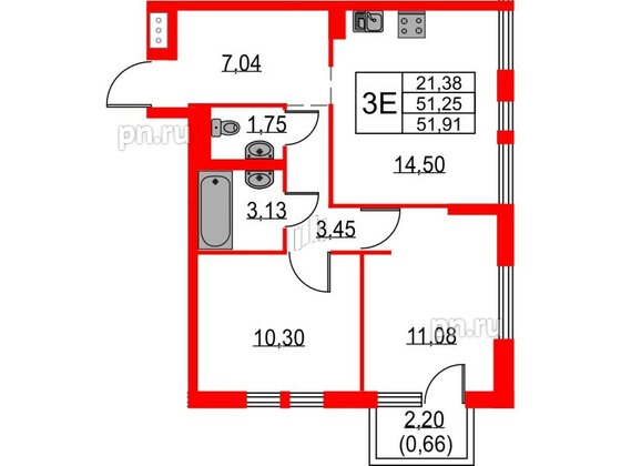 Квартира в ЖК Невская долина, 2 комнатная, 51.91 м², 2 этаж