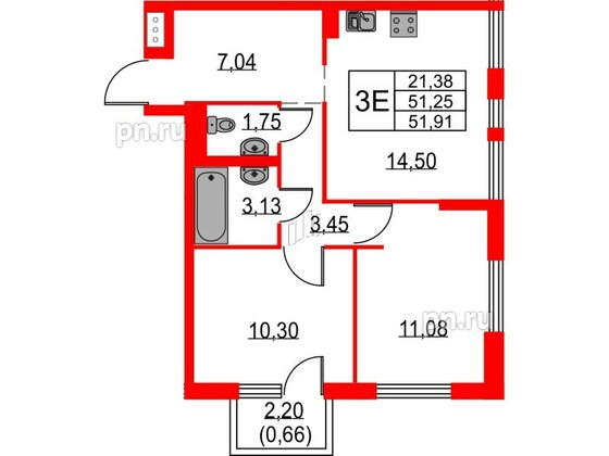 Квартира в ЖК Невская долина, 2 комнатная, 51.91 м², 4 этаж