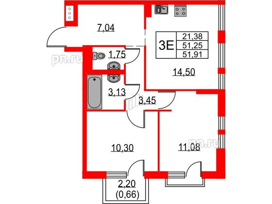 Квартира в ЖК Невская долина, 2 комнатная, 51.91 м², 13 этаж
