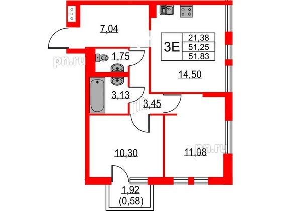 Квартира в ЖК Невская долина, 2 комнатная, 51.83 м², 14 этаж