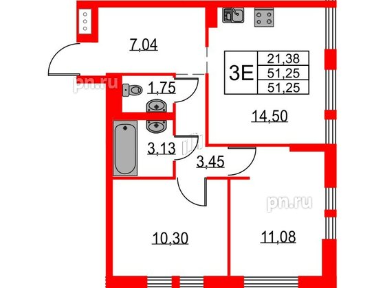 Квартира в ЖК Невская долина, 2 комнатная, 51.25 м², 15 этаж