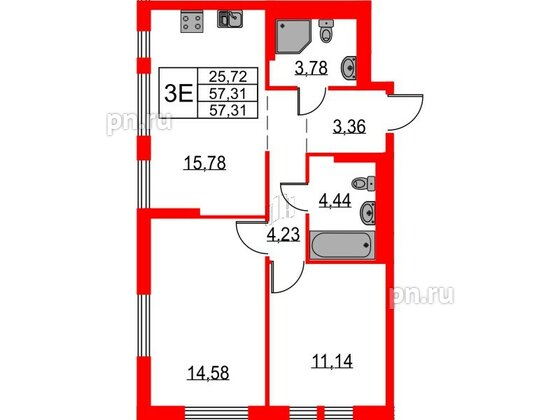 Квартира в ЖК Невская долина, 2 комнатная, 57.31 м², 1 этаж