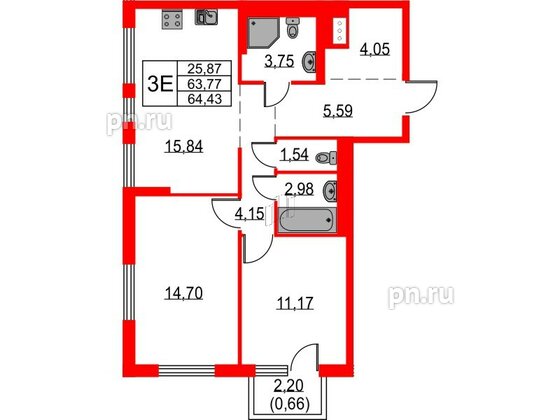 Квартира в ЖК Невская долина, 2 комнатная, 64.43 м², 4 этаж