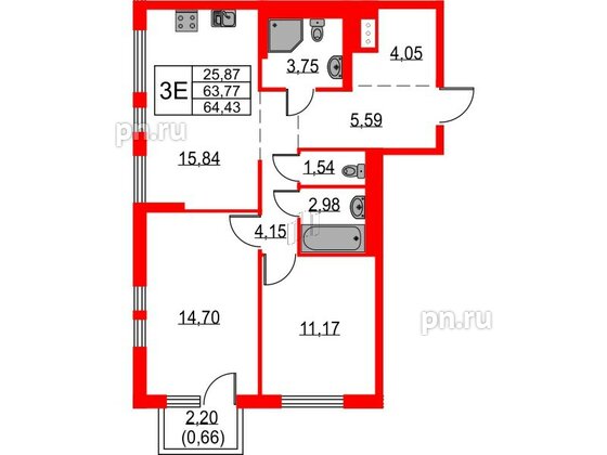 Квартира в ЖК Невская долина, 2 комнатная, 64.43 м², 6 этаж