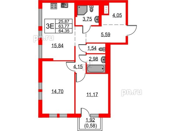 Квартира в ЖК Невская долина, 2 комнатная, 64.35 м², 14 этаж