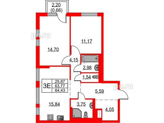 Квартира в ЖК Невская долина, 2 комнатная, 64.43 м², 6 этаж