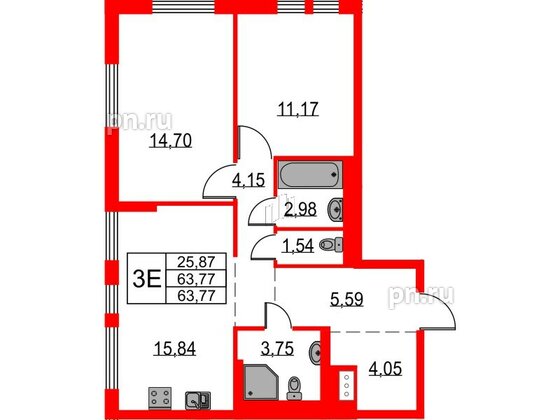 Квартира в ЖК Невская долина, 2 комнатная, 63.77 м², 15 этаж