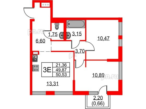 Квартира в ЖК Невская долина, 2 комнатная, 50.53 м², 2 этаж