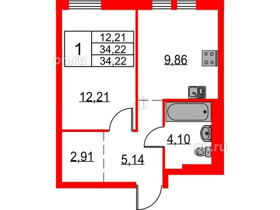 Квартира в ЖК Невская долина, 1 комнатная, 34.22 м², 14 этаж