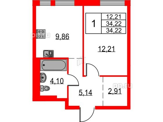 Квартира в ЖК Невская долина, 1 комнатная, 34.22 м², 4 этаж