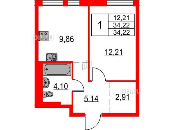 Квартира в ЖК «Невская долина», 1 комнатная, 34.22 м², 9 этаж