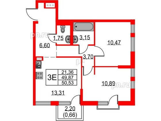 Квартира в ЖК Невская долина, 2 комнатная, 50.53 м², 13 этаж