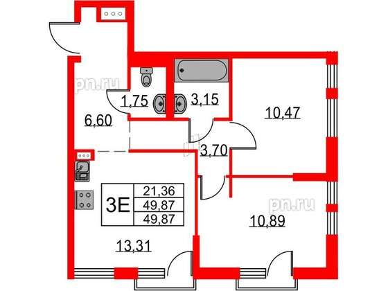 Квартира в ЖК Невская долина, 2 комнатная, 49.87 м², 17 этаж