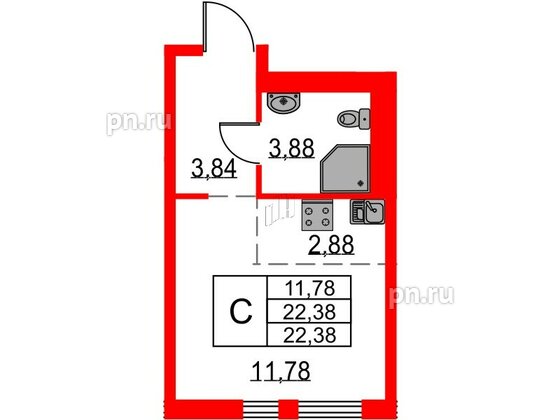 Квартира в ЖК Невская долина, студия, 22.38 м², 14 этаж