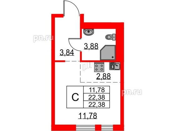 Квартира в ЖК Невская долина, студия, 22.38 м², 16 этаж