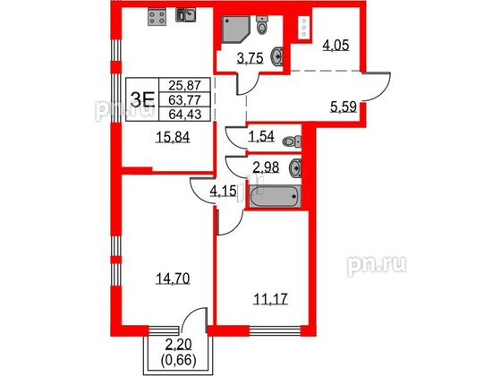 Квартира в ЖК Невская долина, 2 комнатная, 64.43 м², 2 этаж