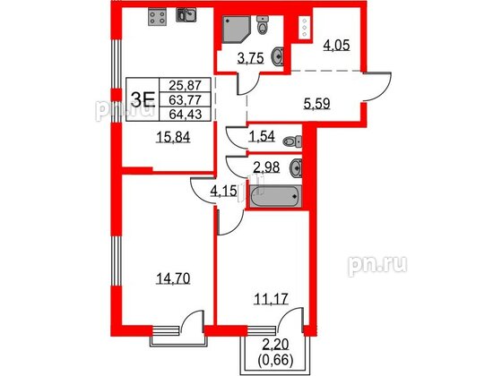 Квартира в ЖК Невская долина, 2 комнатная, 64.43 м², 13 этаж